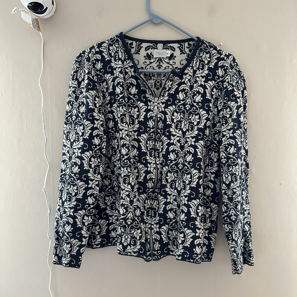 VTG Natural Style Zip Up Cardigan Sweater Size XL Blue White Floral Cottagecore
